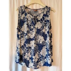 SJS Blue White Floral Sleeveless Stretch Blouse - 1X